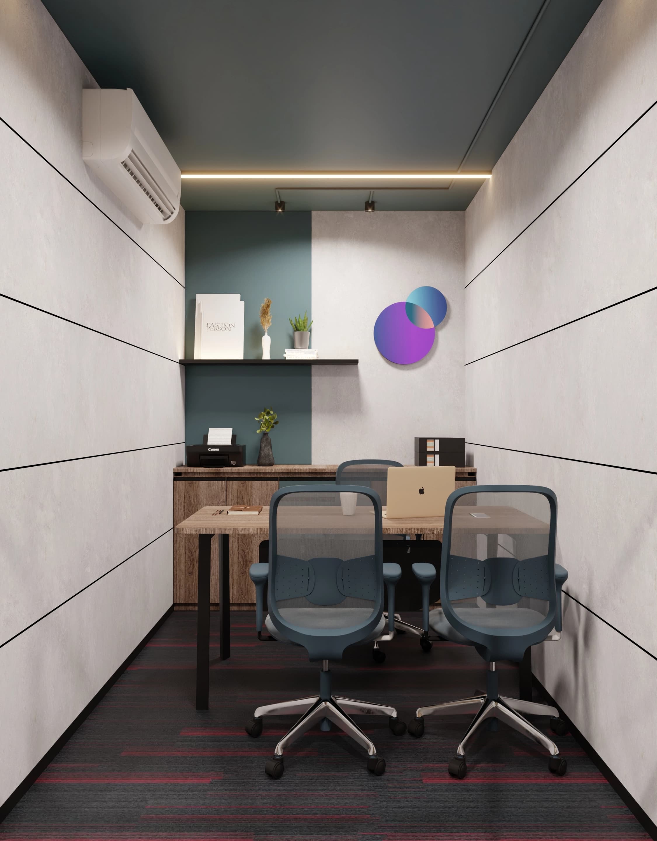 Commercial cabin render showing interior lighting and finishes, wide view