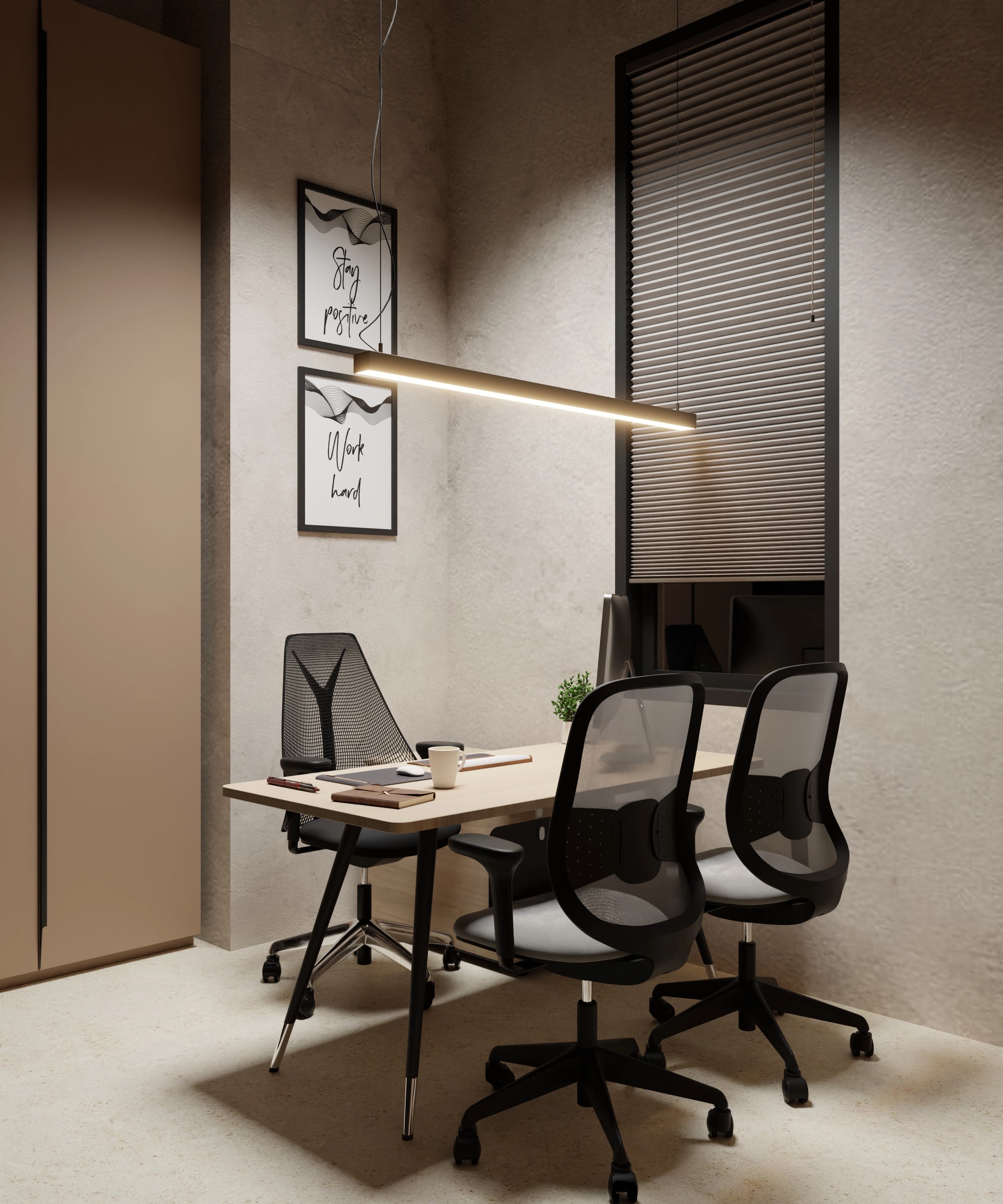 Commercial cabin render showing interior lighting and finishes, lighting-focused view