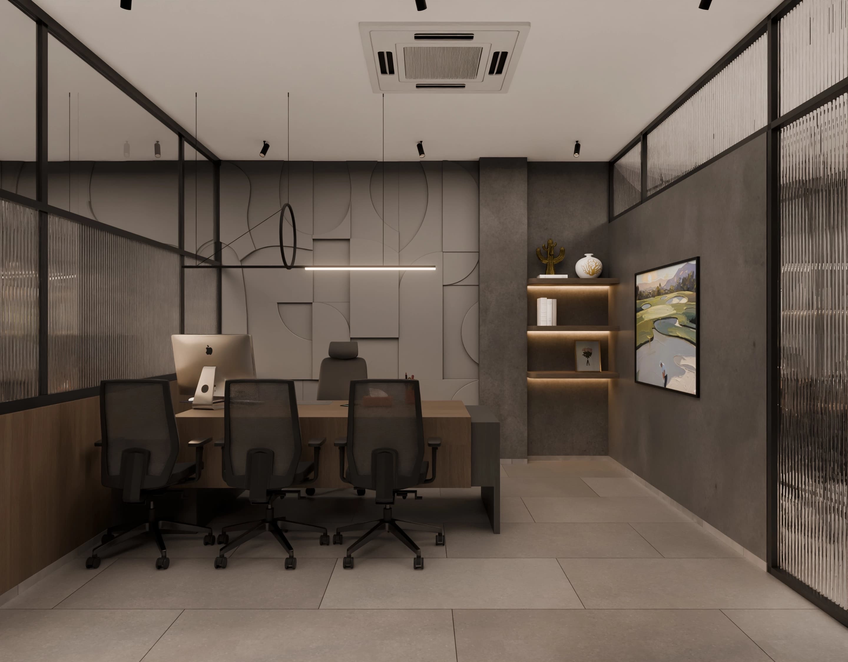 High-detail cabin interior render for a commercial design project, wide view