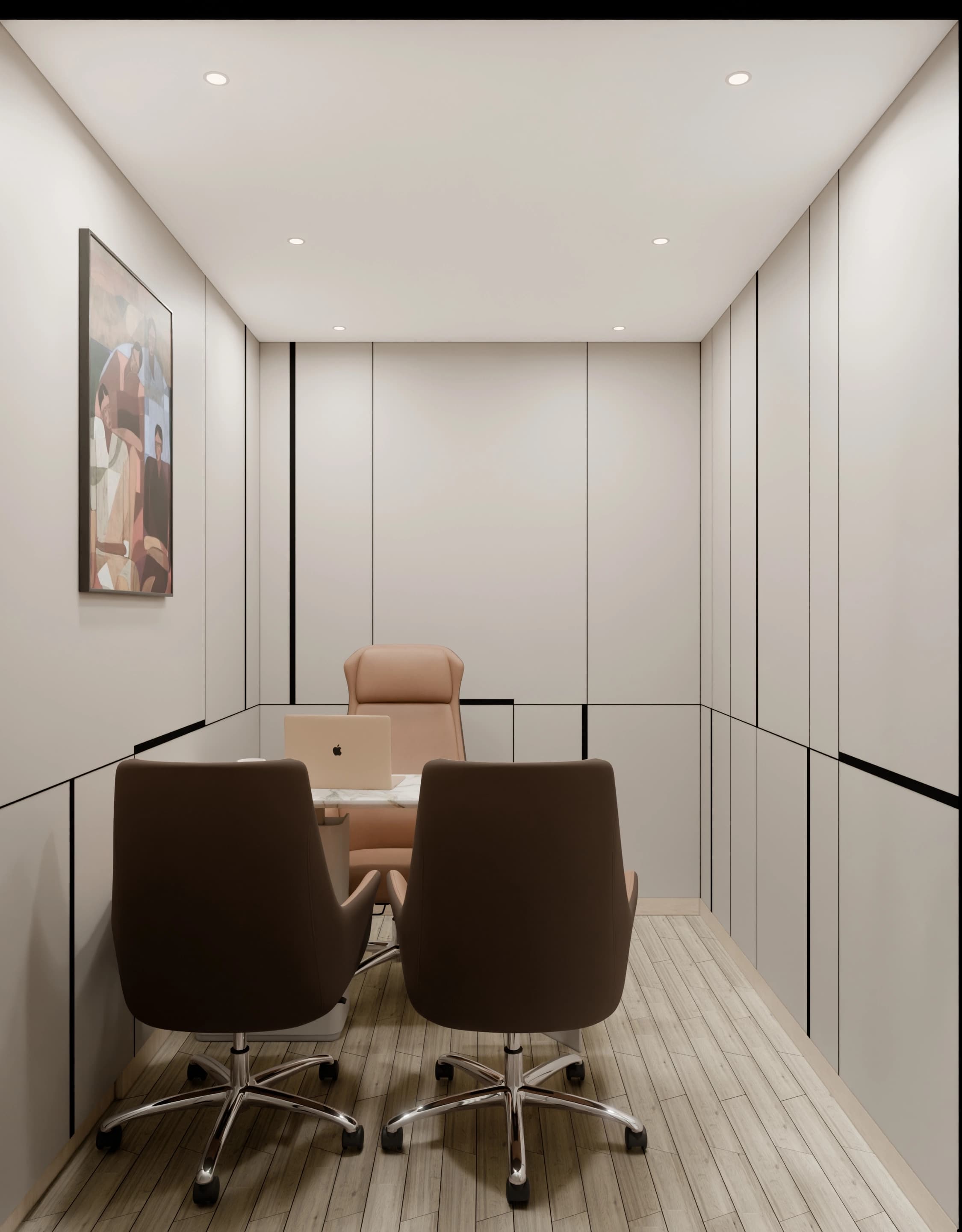 Commercial cabin render showing interior lighting and finishes, wide view