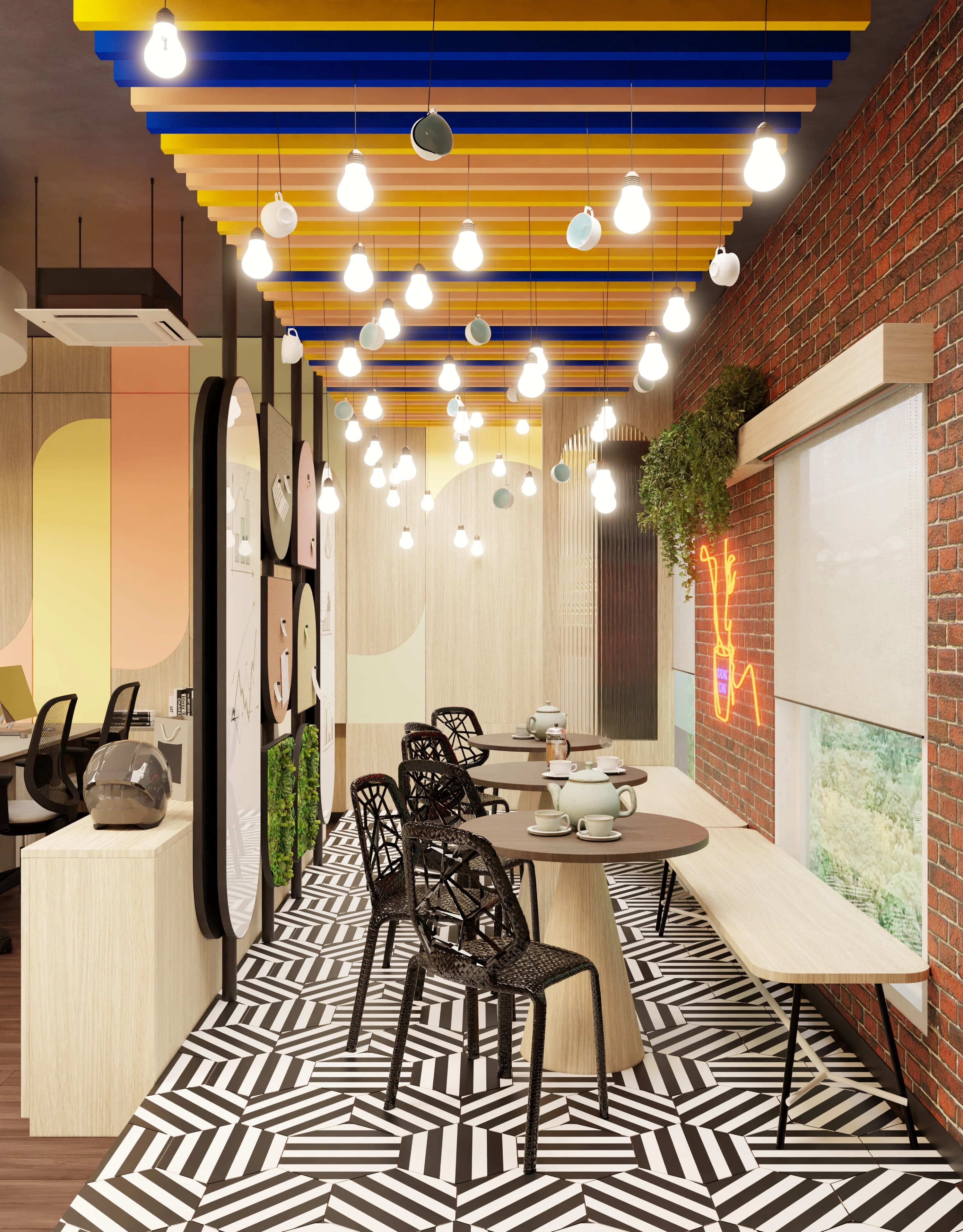 Photorealistic commercial cafe render, wide view, by Studio 44