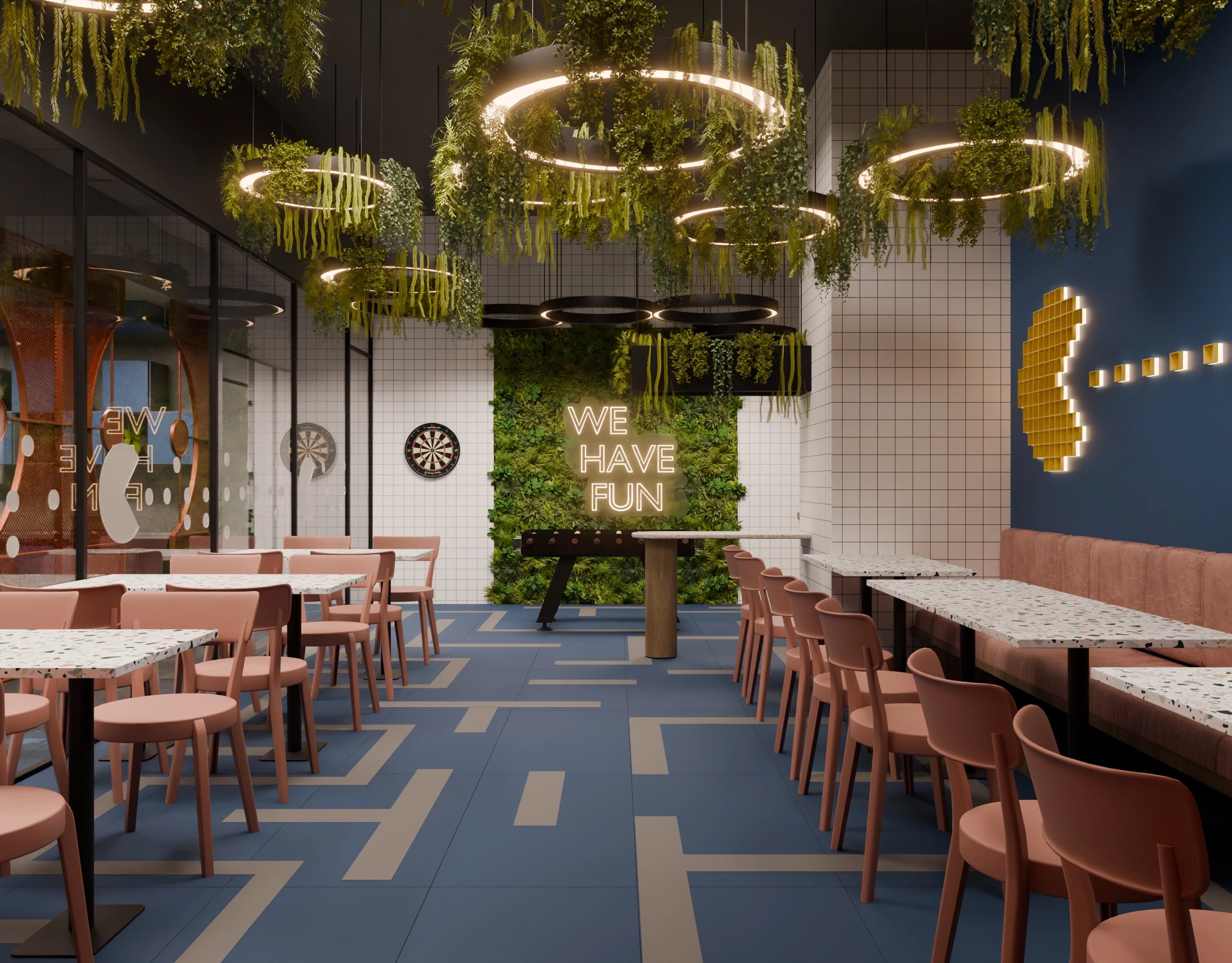 Commercial cafe 3D visualization prepared for presentation, wide view