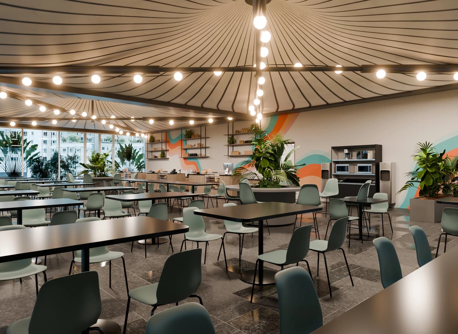 3D cafe render with realistic furniture, lighting, and material details, spatial planning view
