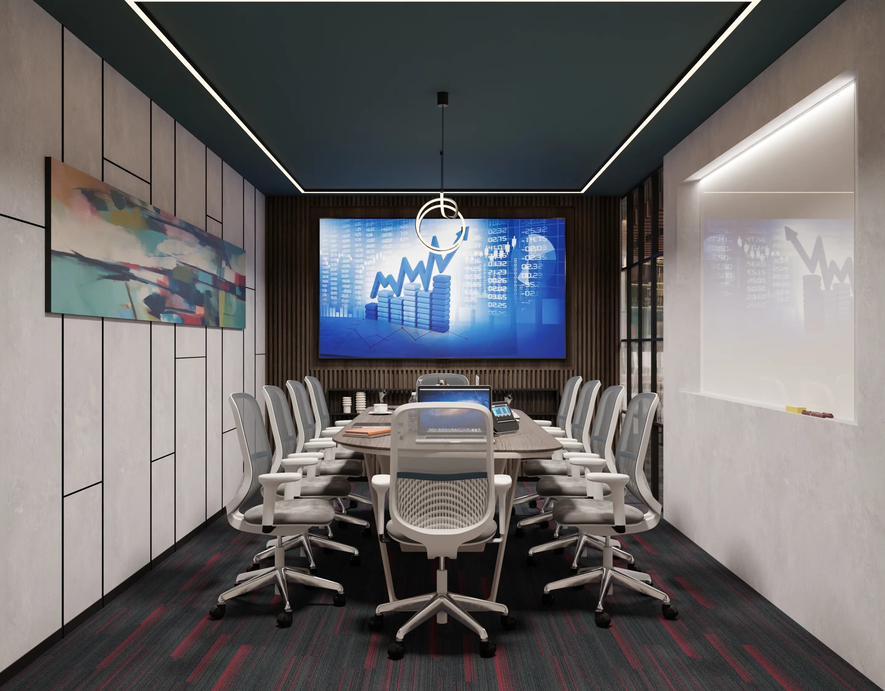 High-detail conference room interior render for a commercial design project, lighting-focused view