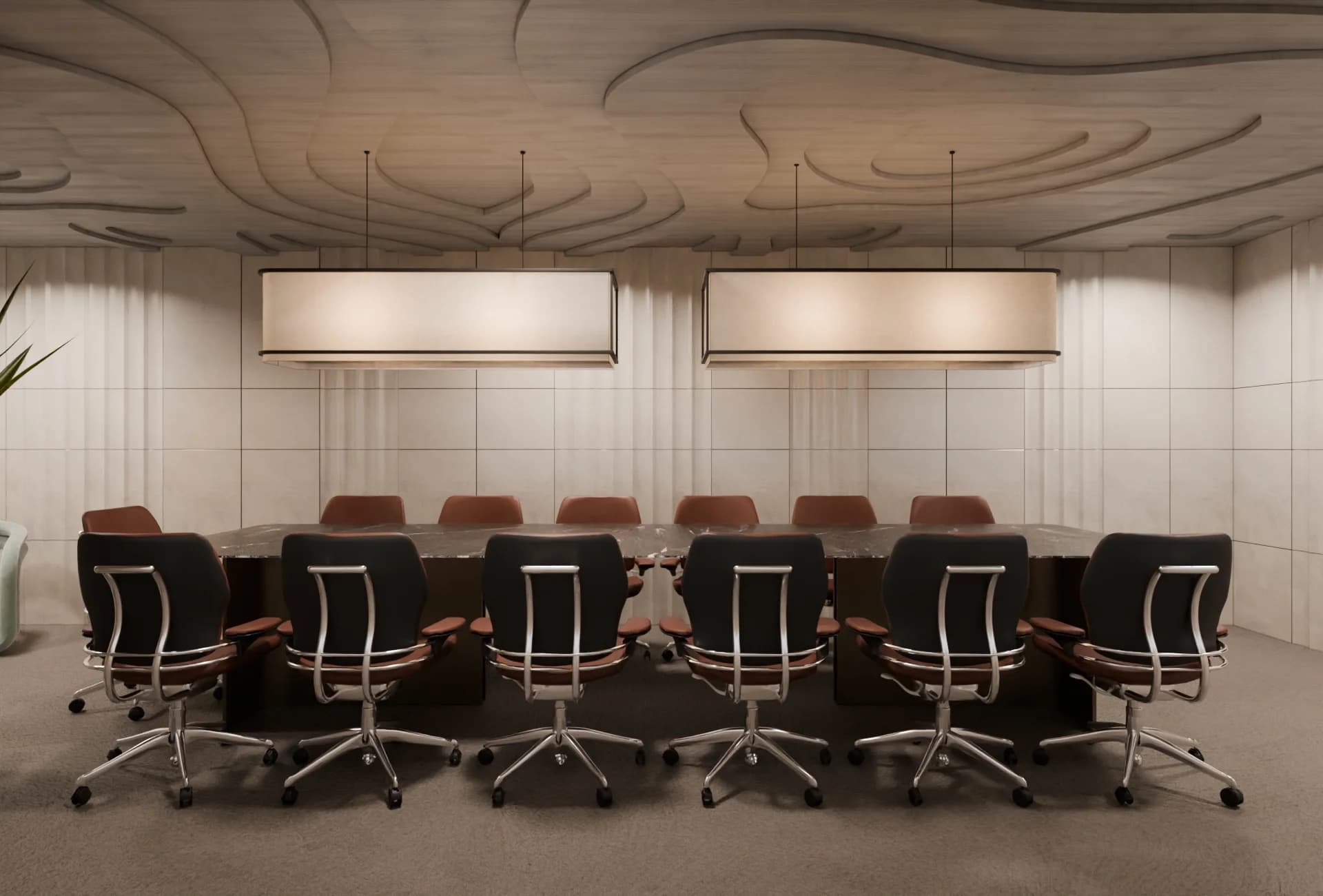 High-detail conference room interior render for a commercial design project, lighting-focused view