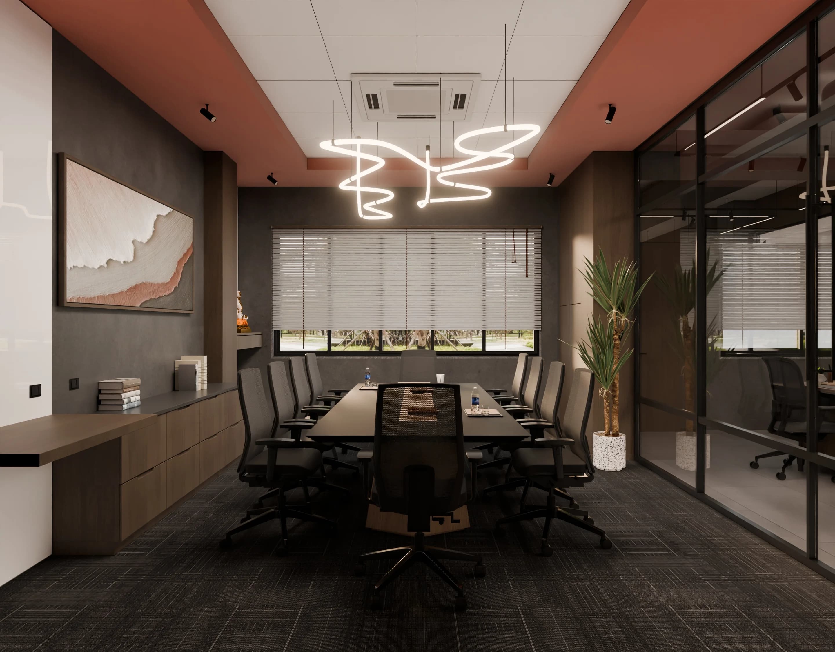 3D conference room render with realistic furniture, lighting, and material details, spatial planning view