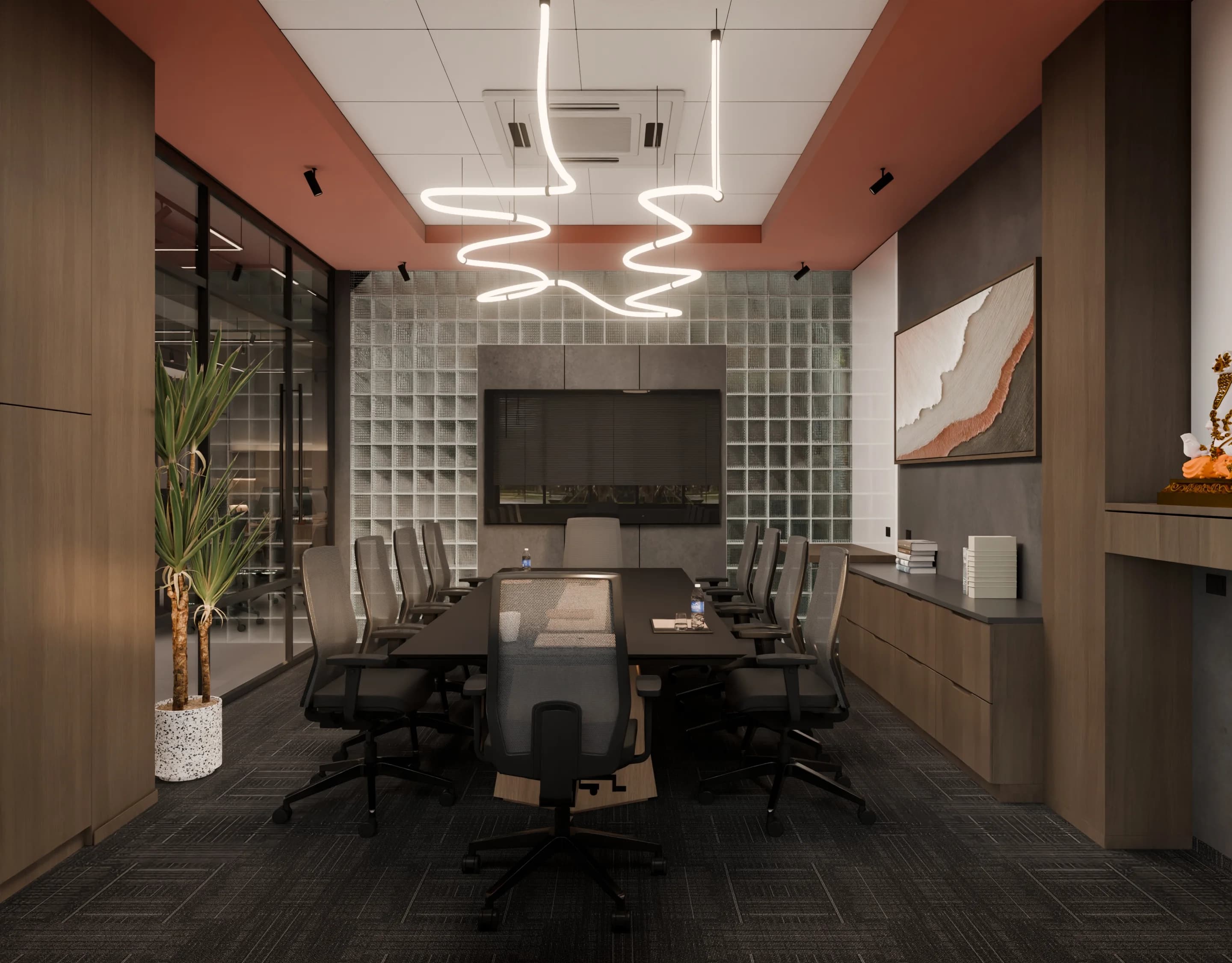 Client approval render for a commercial conference room interior design, client presentation angle