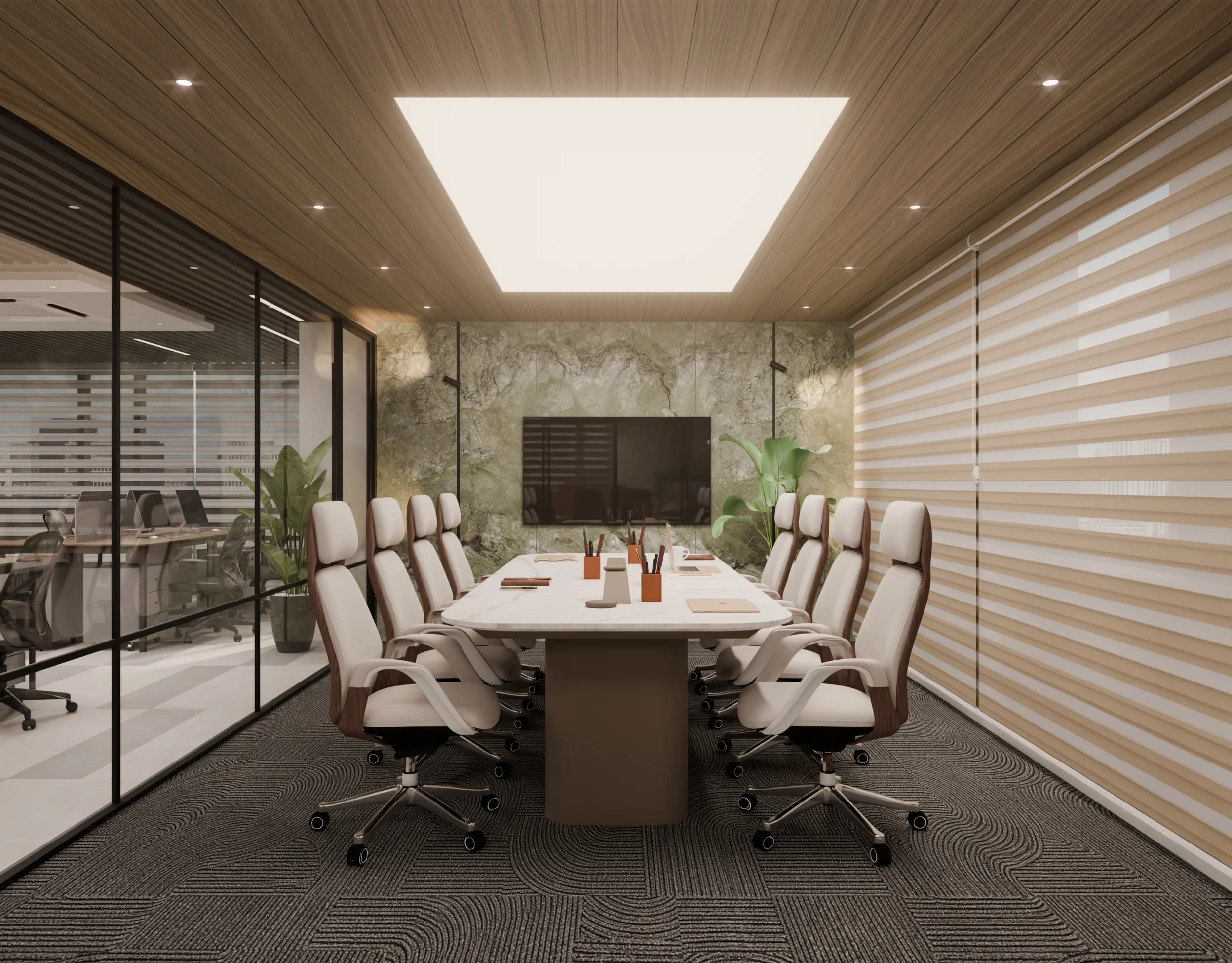 Commercial conference room render showing interior lighting and finishes, wide view