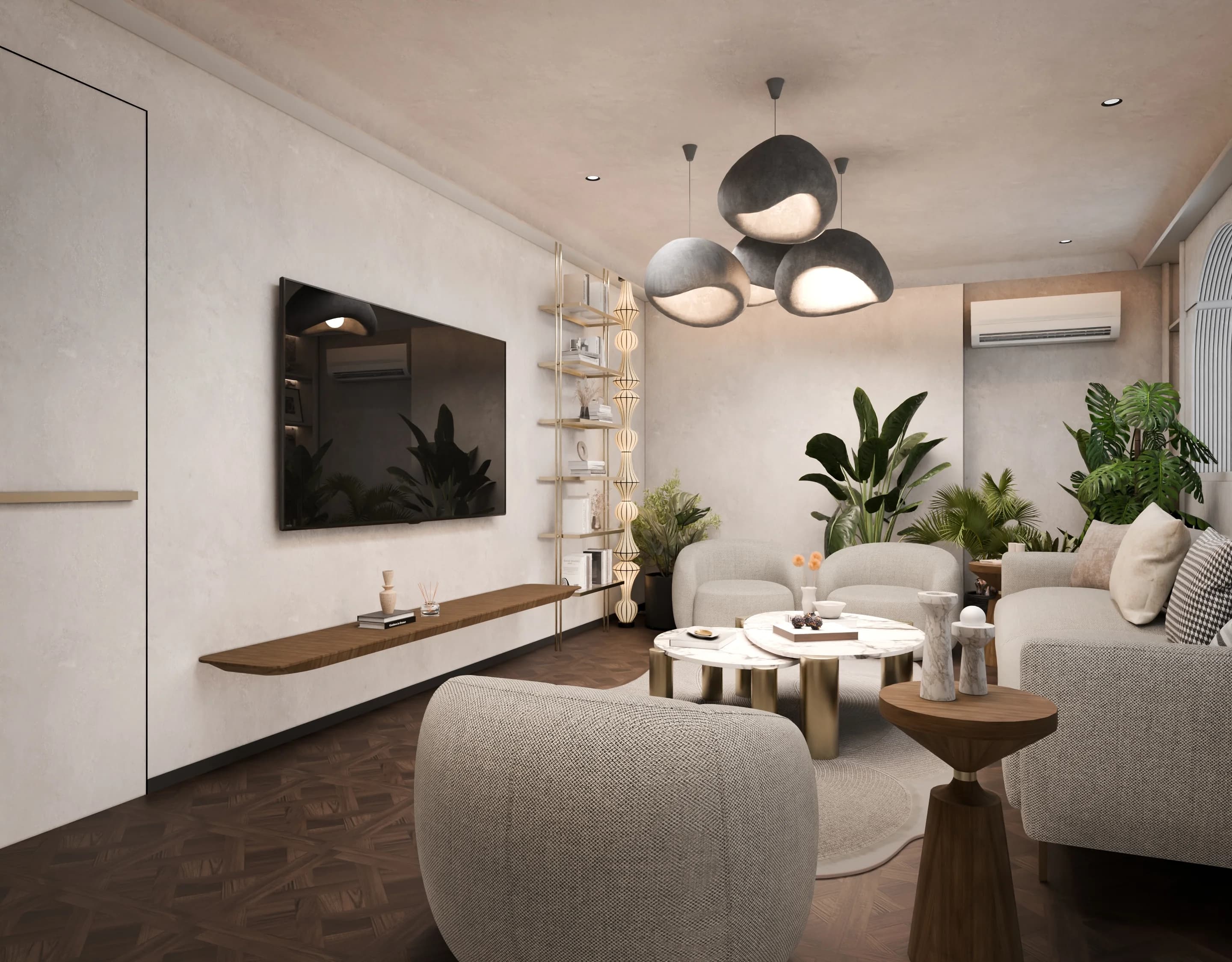 High-detail lounge interior render for a commercial design project, lighting-focused view
