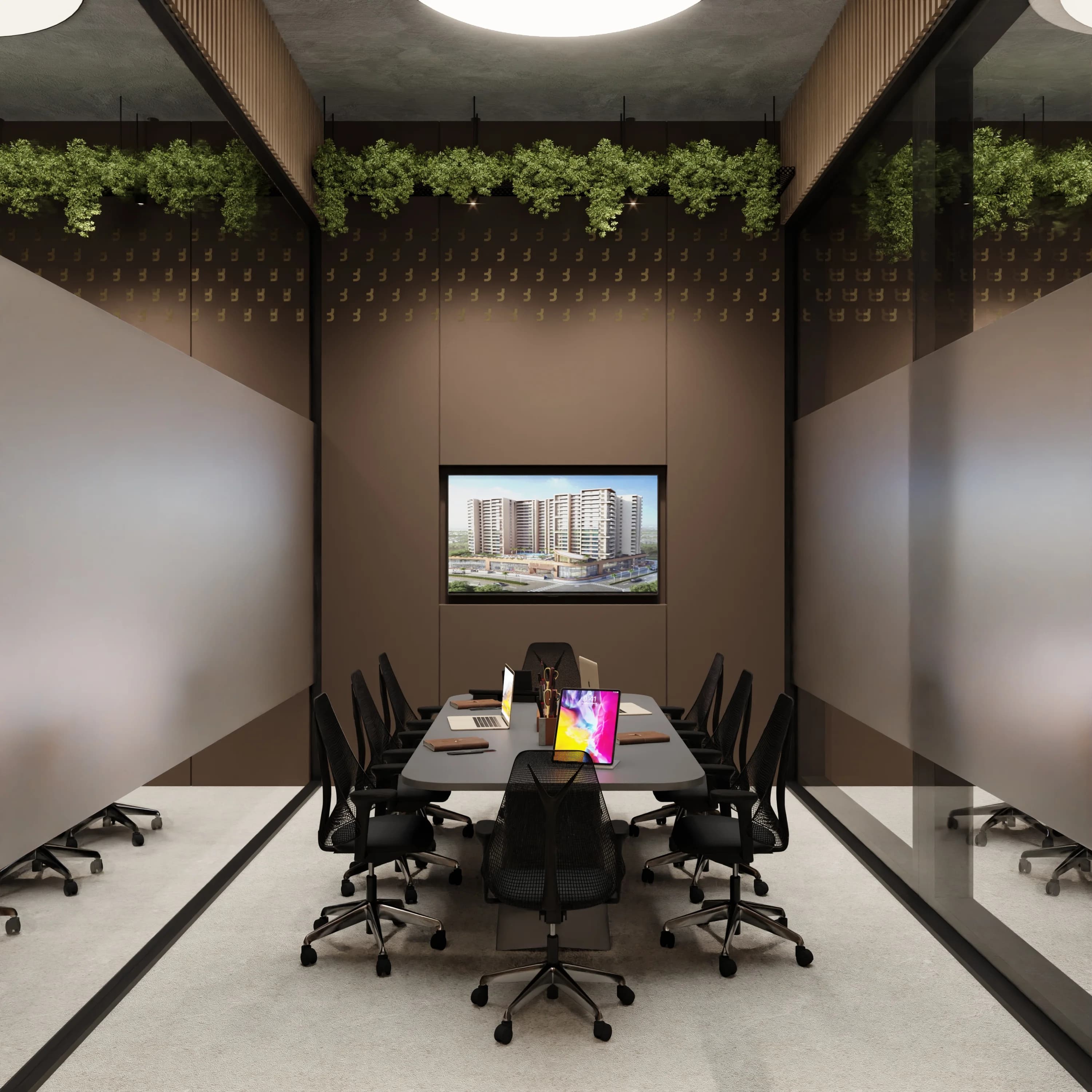 Interior visualization of a commercial meeting room with realistic materials, wide view