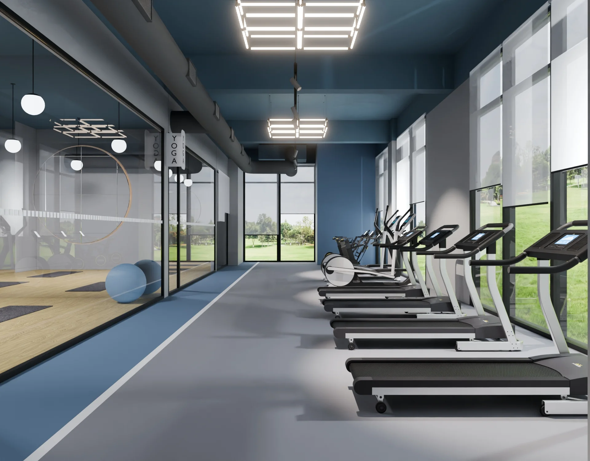 High-detail amenities interior render for a residential design project, wide view