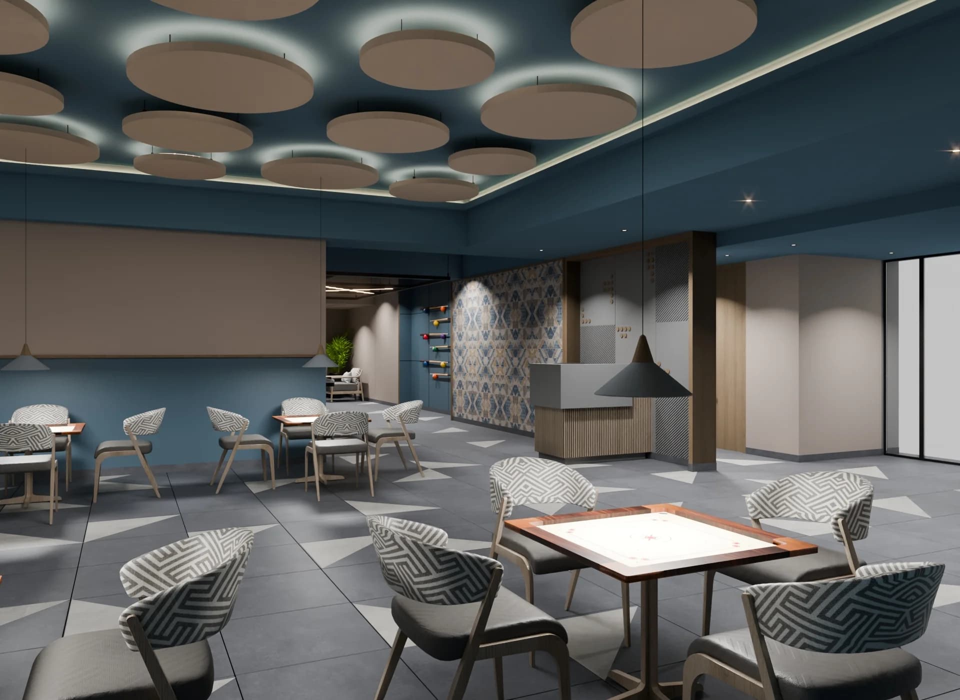 Residential interior rendering example for a amenities space, spatial planning view