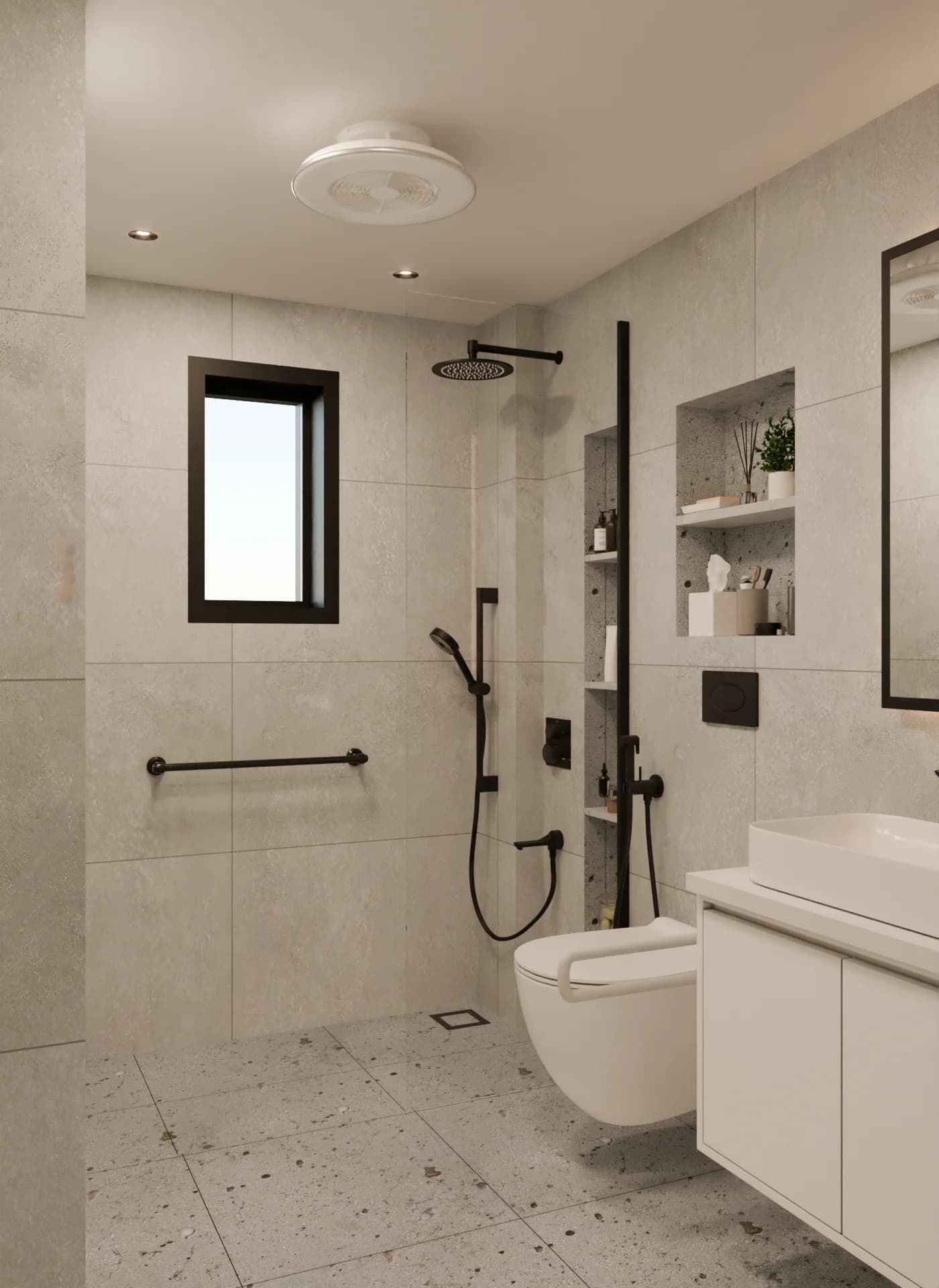 Interior visualization of a residential bathroom with realistic materials, wide view