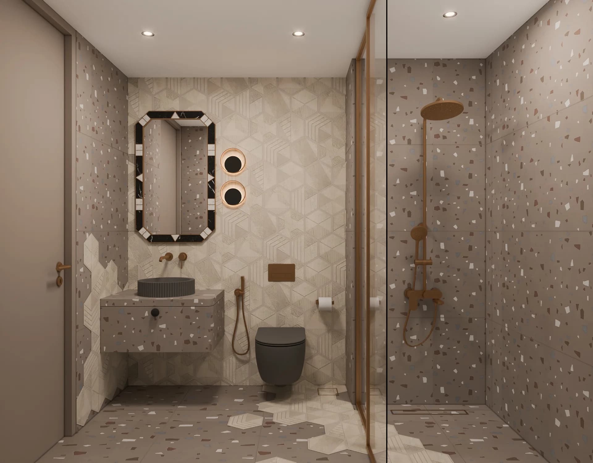 3D bathroom render with realistic furniture, lighting, and material details, material review view