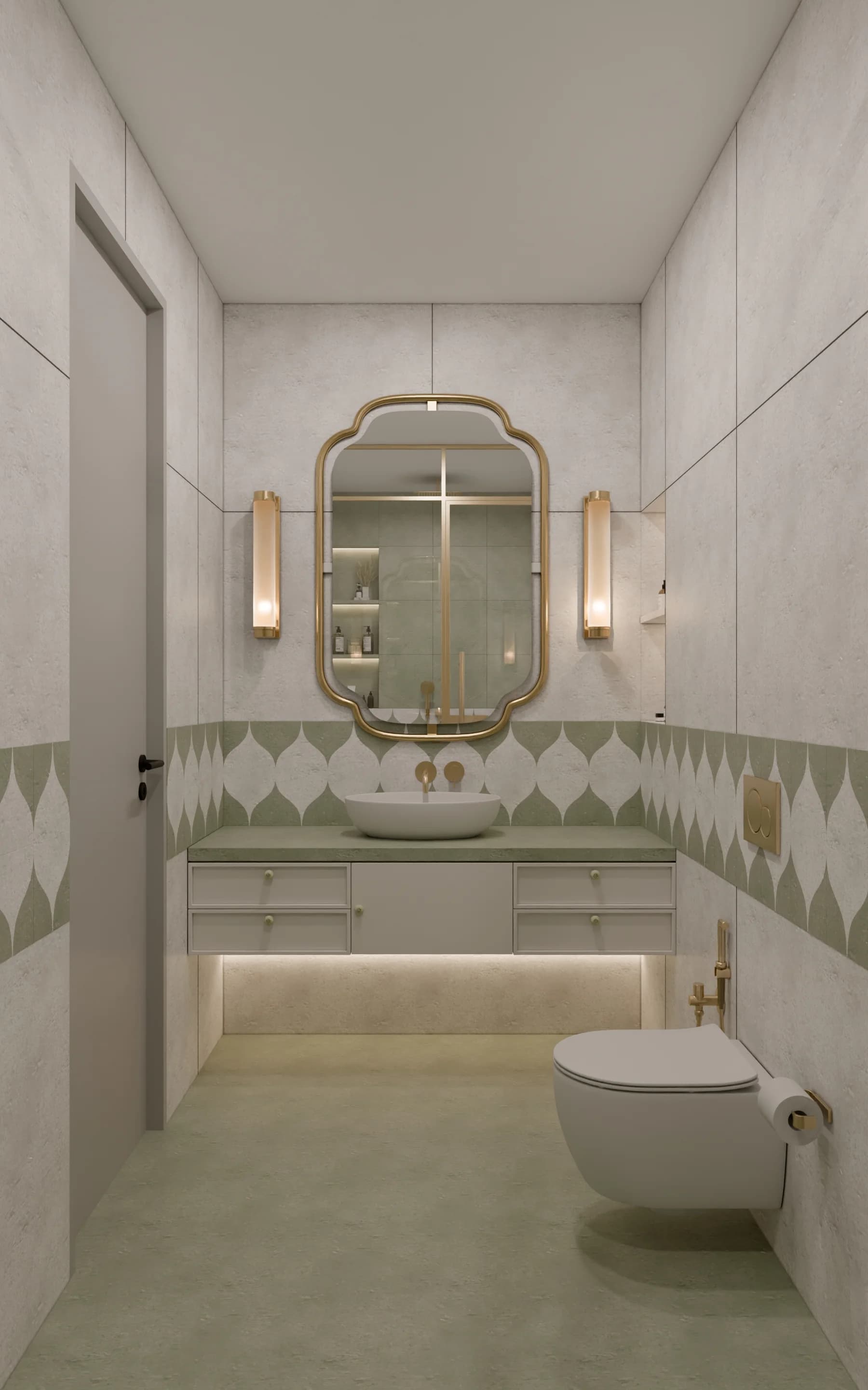 Photorealistic residential bathroom render, wide view, by Studio 44