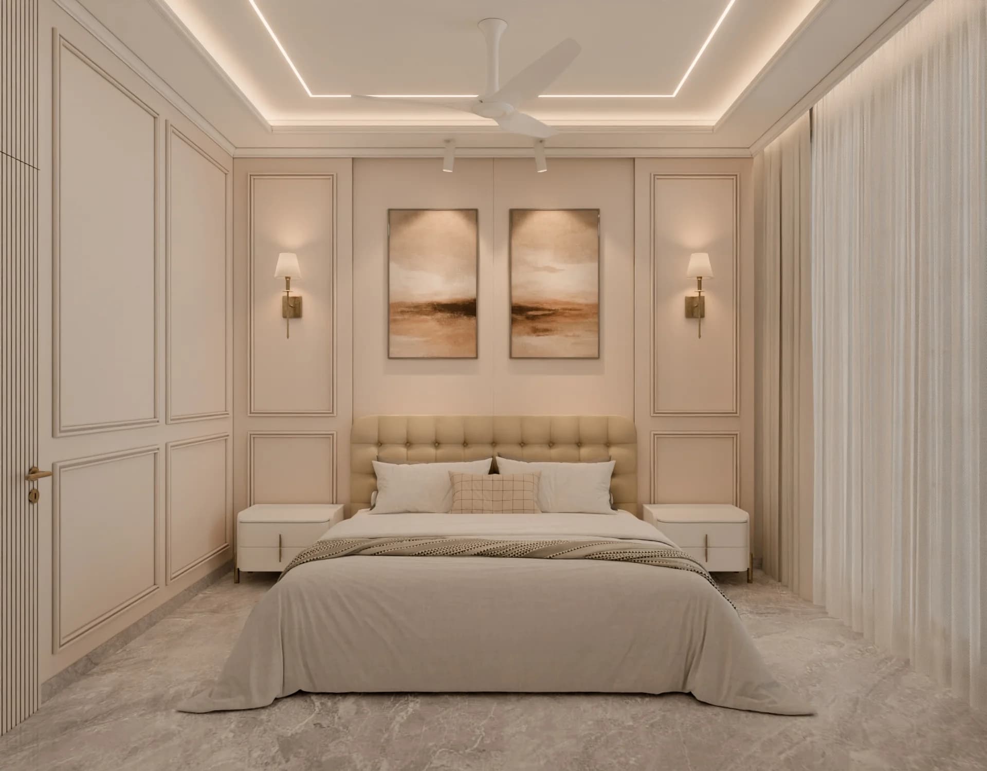 Studio 44 photorealistic bedroom visualization for residential spaces, lighting-focused view