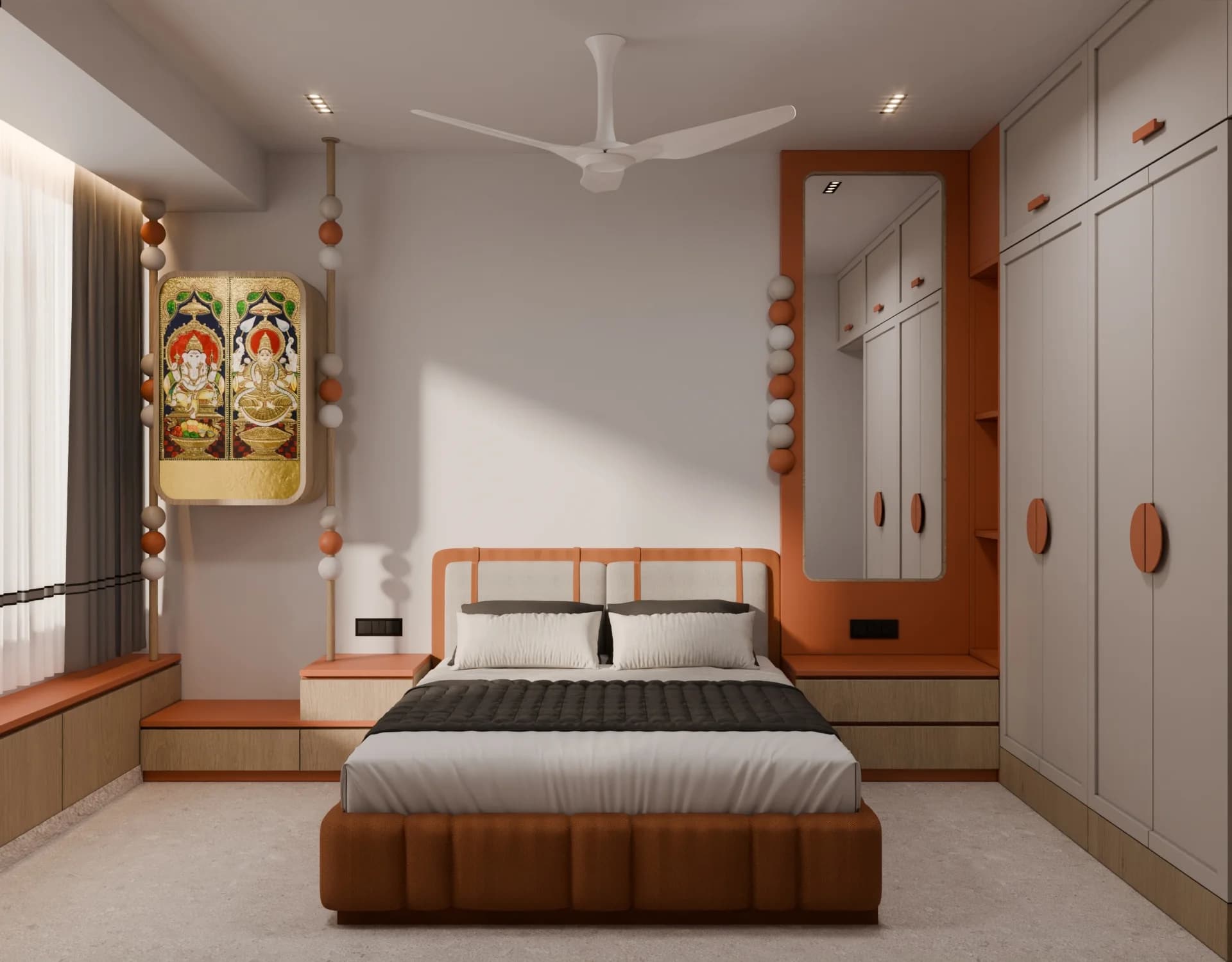 Photorealistic residential bedroom render, lighting-focused view, by Studio 44