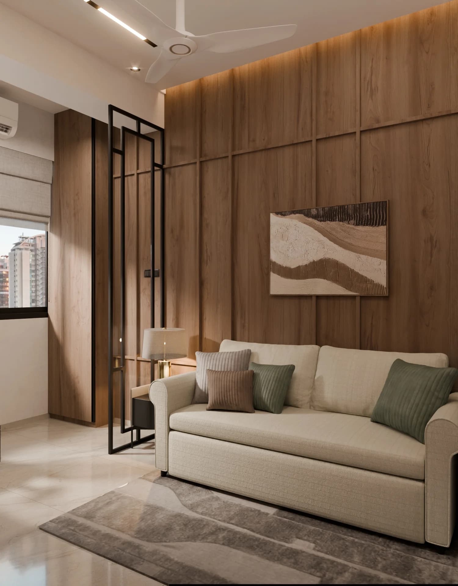 Residential interior rendering example for a den room space, material review view
