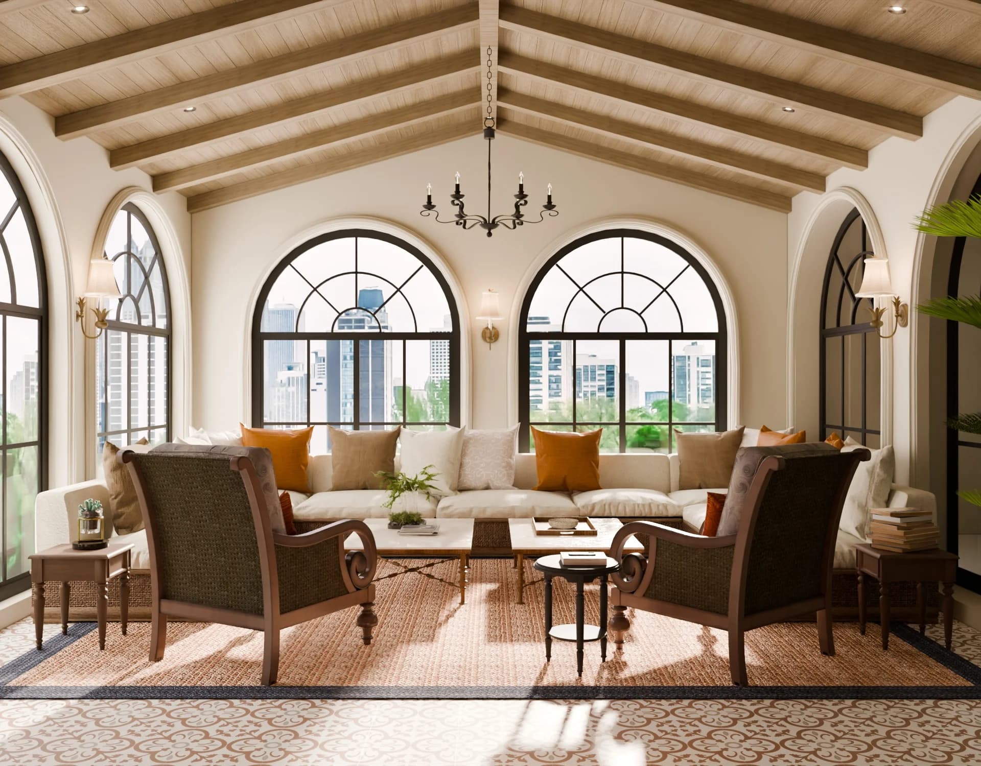 Studio 44 den room 3D render for residential interior presentation, material review view