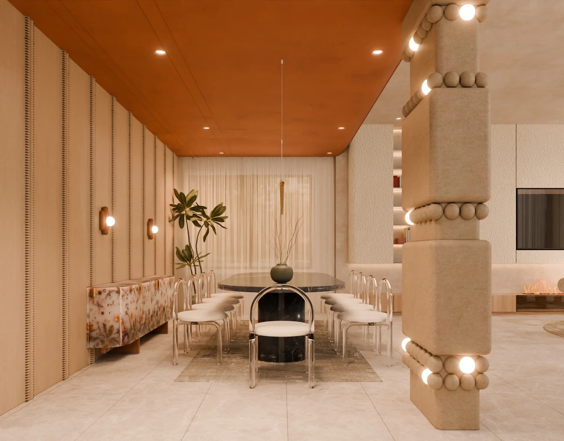Photorealistic residential dining area render, wide view, by Studio 44