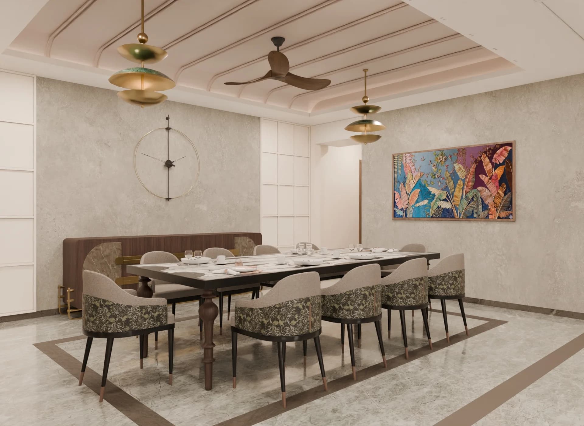 Studio 44 photorealistic dining area visualization for residential spaces, lighting-focused view