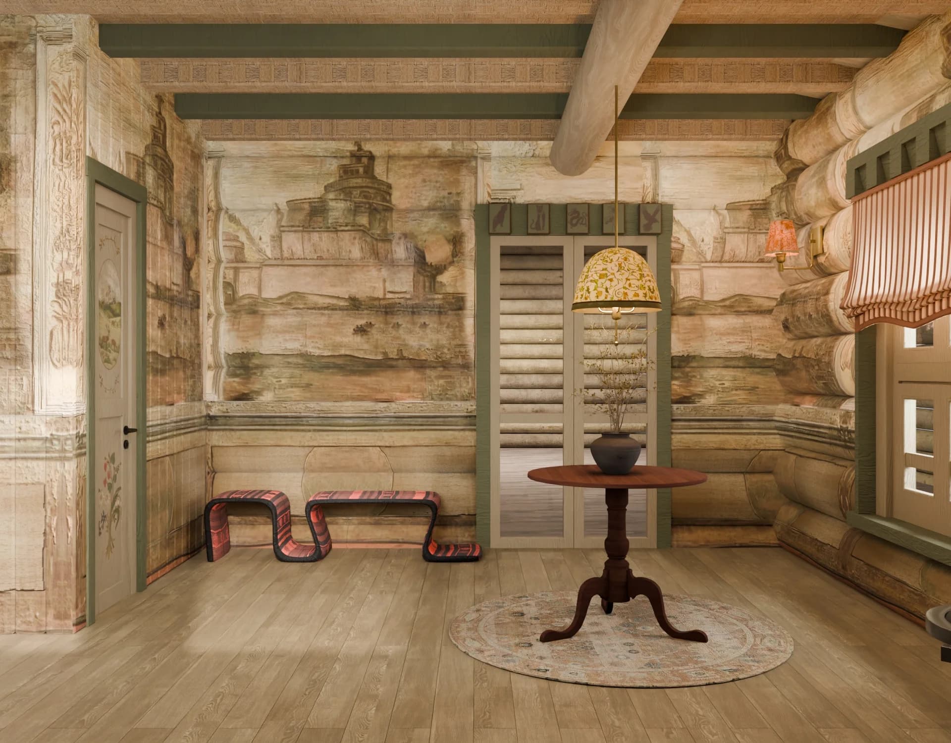 Residential foyer render showing interior lighting and finishes, wide view