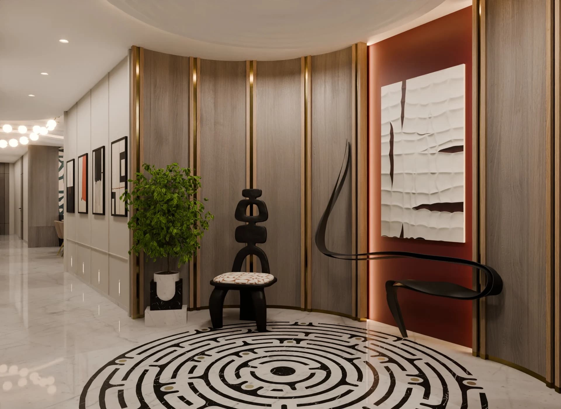 Interior visualization of a residential foyer with realistic materials, wide view